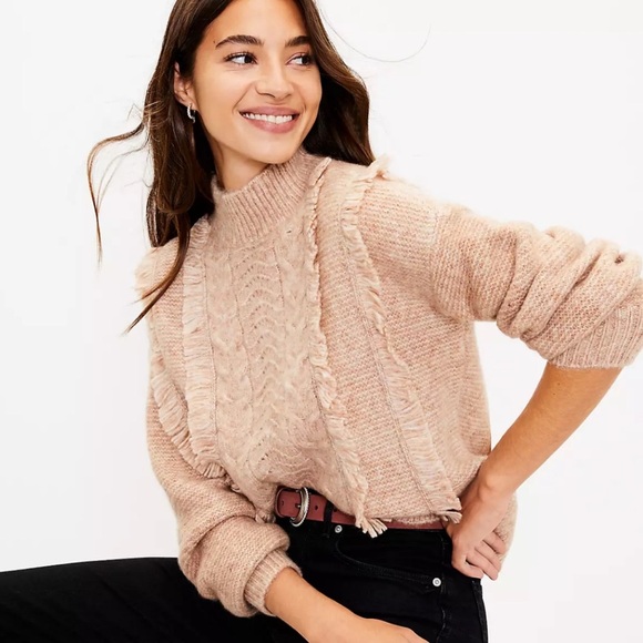 LOFT Fringe Cable Knit Sweater Tan Beige XL - Picture 2 of 10